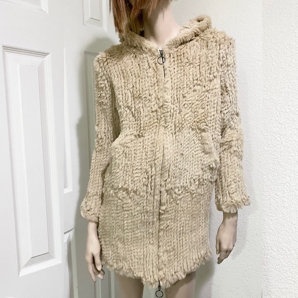 ADRIENNE LANDAU Real Rabbit Fur Beige Mid-length Full Zip Hooded Coat Size S - Picture 1 of 16